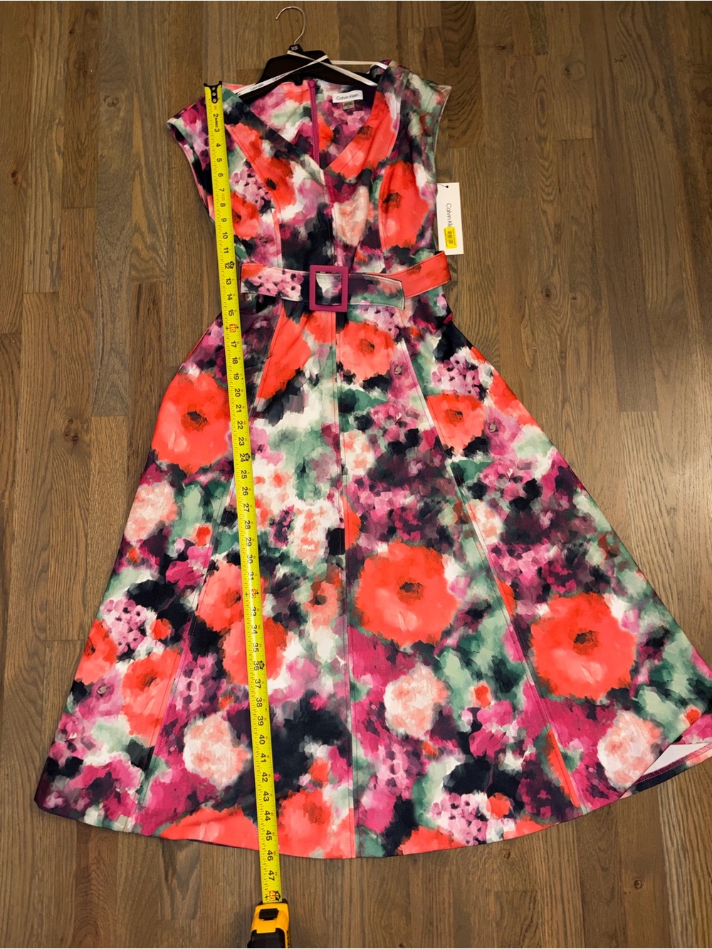 NWT Calvin Klein Size 2 Floral Fit & Flare Midi Dress Belted V-Neck - Picture 7 of 9